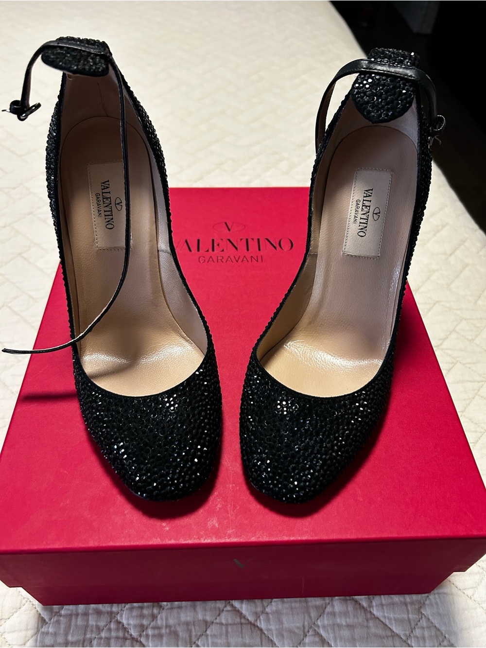 Valentino Garavani Black Crystal Ankle-Strap Pumps with Sparkle